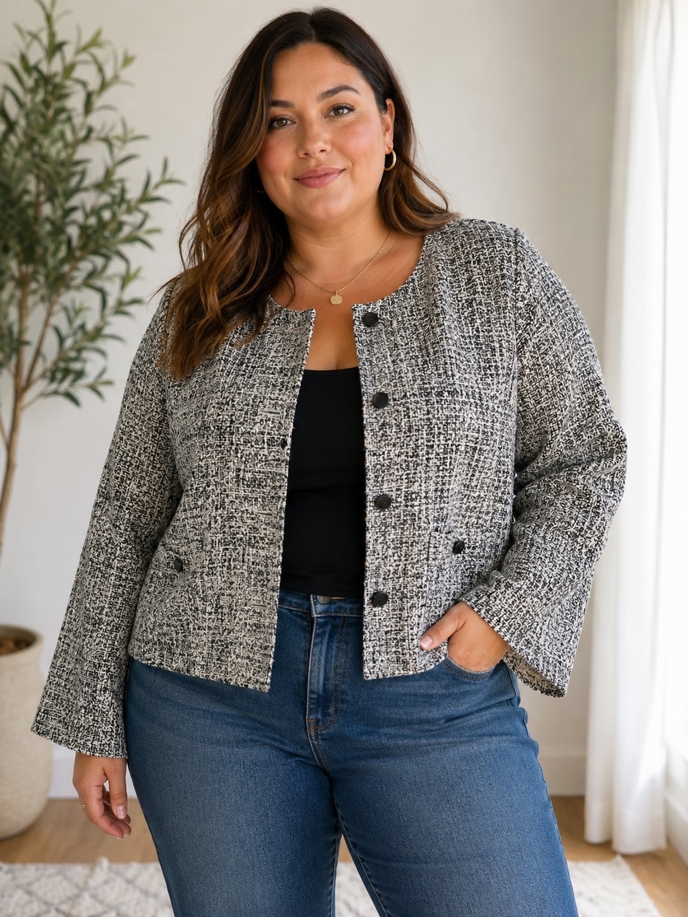 Nordstrom Rack XL Black White Tweed Jacket Blazer Quiet Luxury